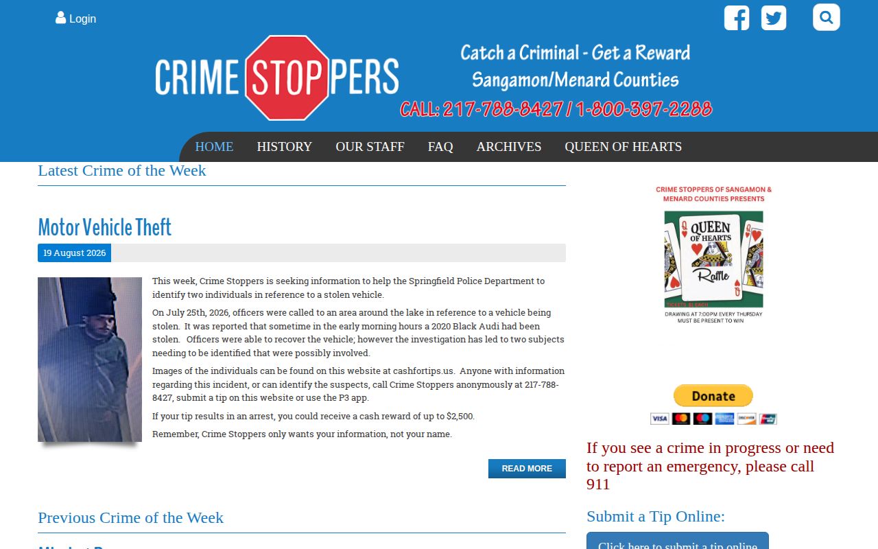 Sangamon County Crime Stoppers weekly Crime of the Week public wanted-notice interface