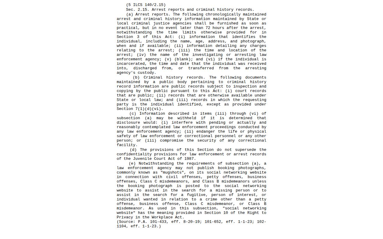 Sangamon County Illinois arrest-report statute text about booking photos